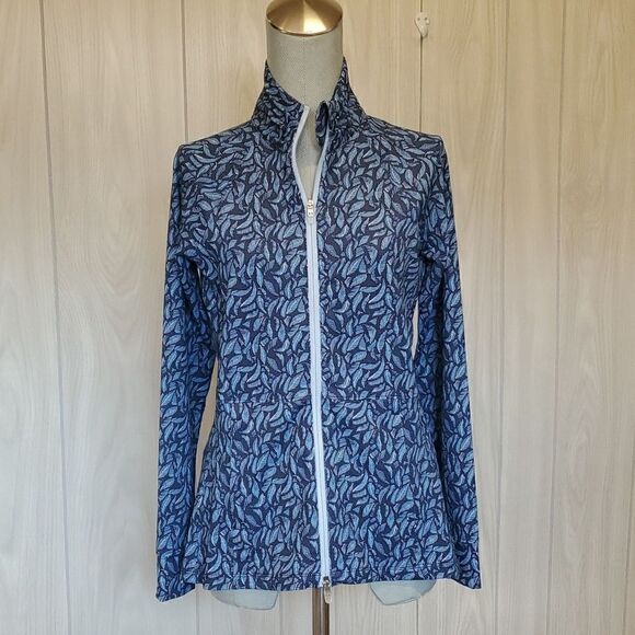 Peter Millar | Navy Palm Frond Print Skirted Full-Zip Jacket - Picture 5 of 9